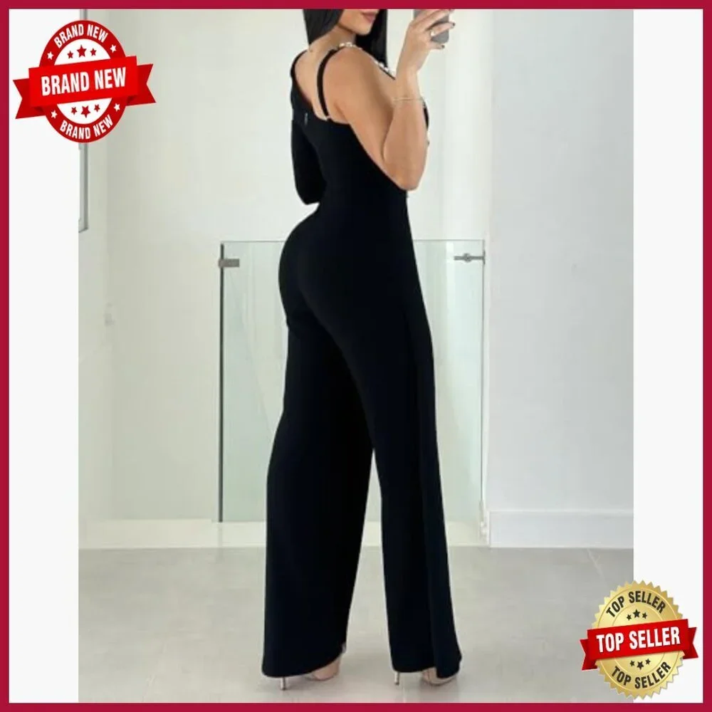 One Shoulder Jumpsuit Wide Leg Evening Romper Crystal Strap Waist Embellishment_3